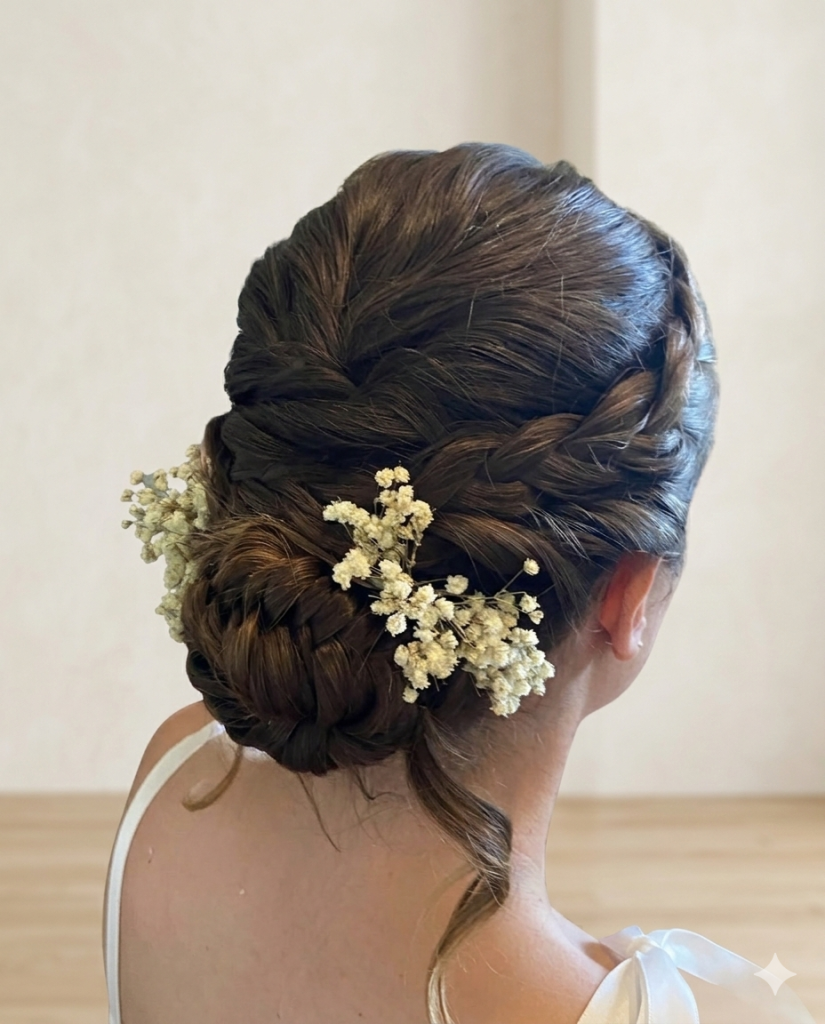 Flores en un peinado de invitada para una boda